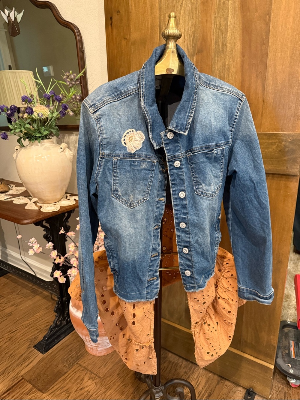 Repurposed Boho Kensie Blue jean XL Jacket. Grandma’s lace abounds.